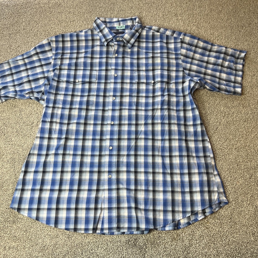 Wrangler Shirt Mens 2XL Blue‎ Plaid Short Sleeve Western Pearl Snap Button Up